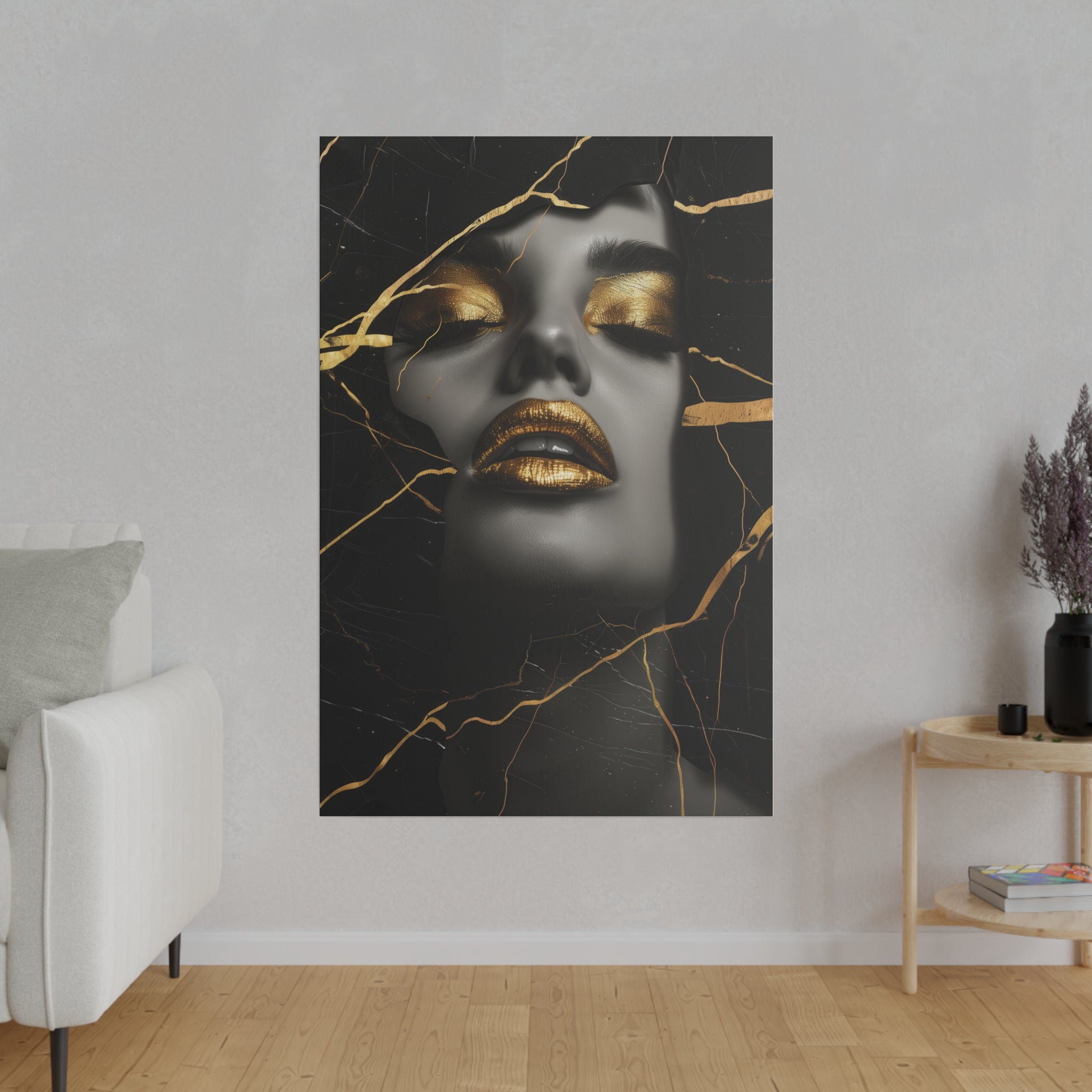 Cracked Elegance, Woman Portrait - Luxury Gold Themed Wall Art - Vertical Canvas - WA306