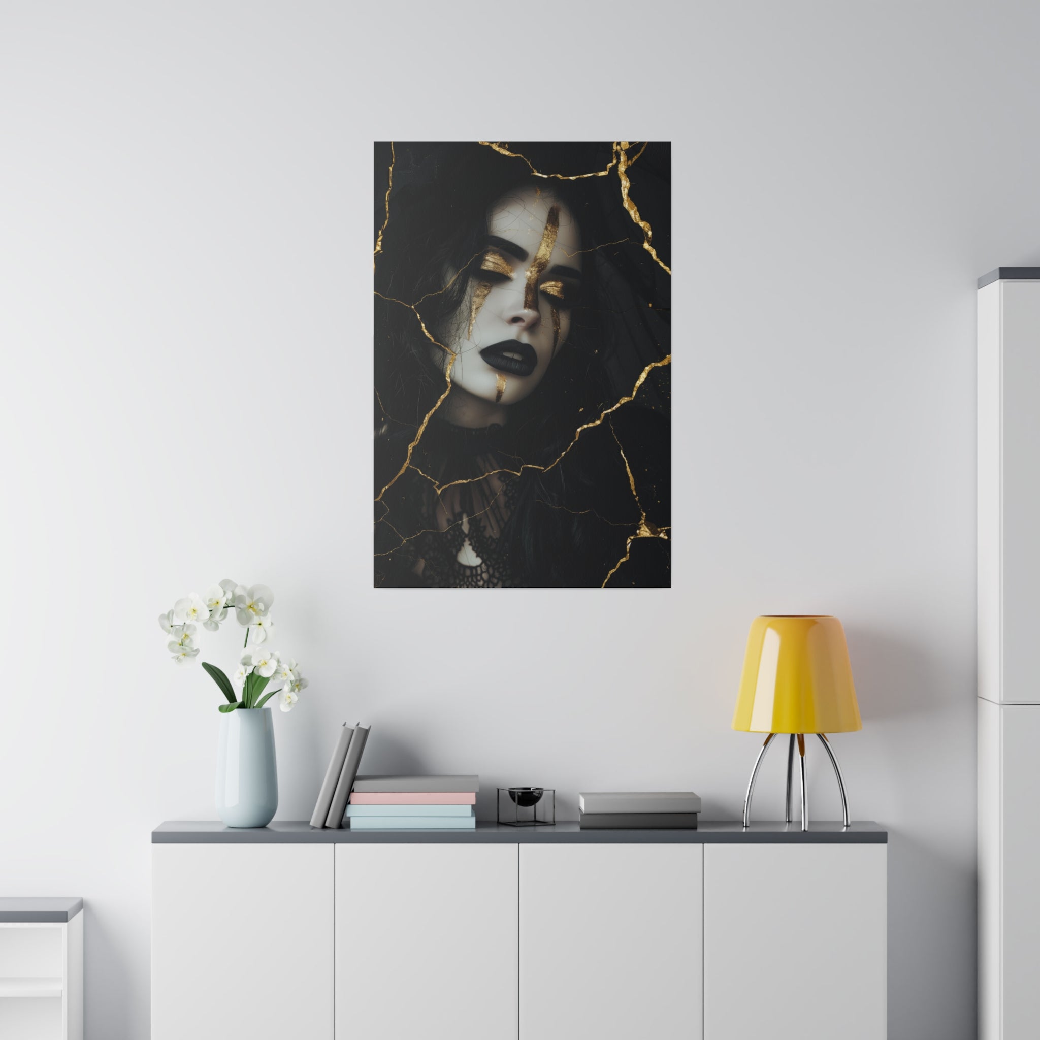 Dark Elegance, Goth Woman Portrait - Luxury Gold Themed Wall Art - Vertical Canvas - WA295