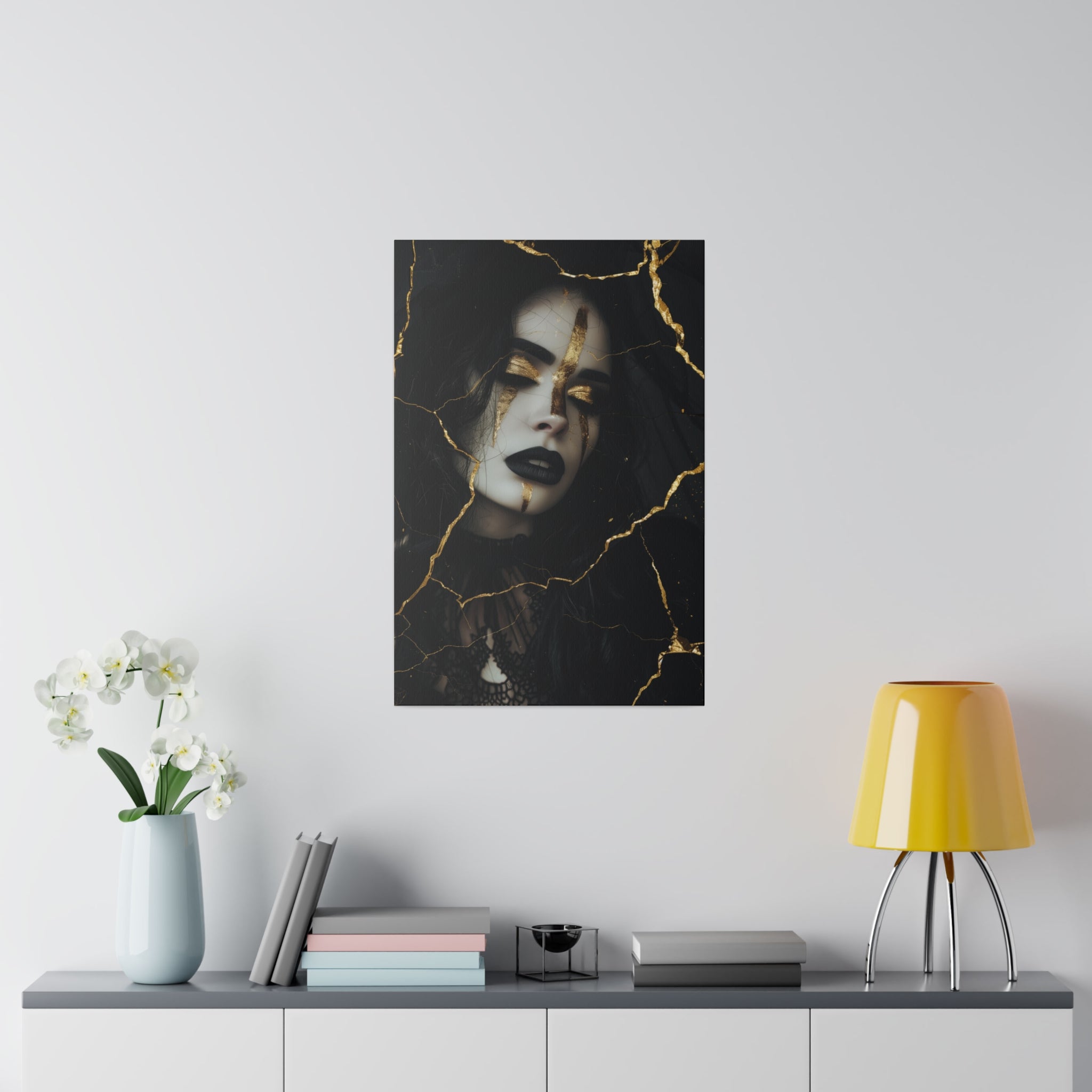 Dark Elegance, Goth Woman Portrait - Luxury Gold Themed Wall Art - Vertical Canvas - WA295