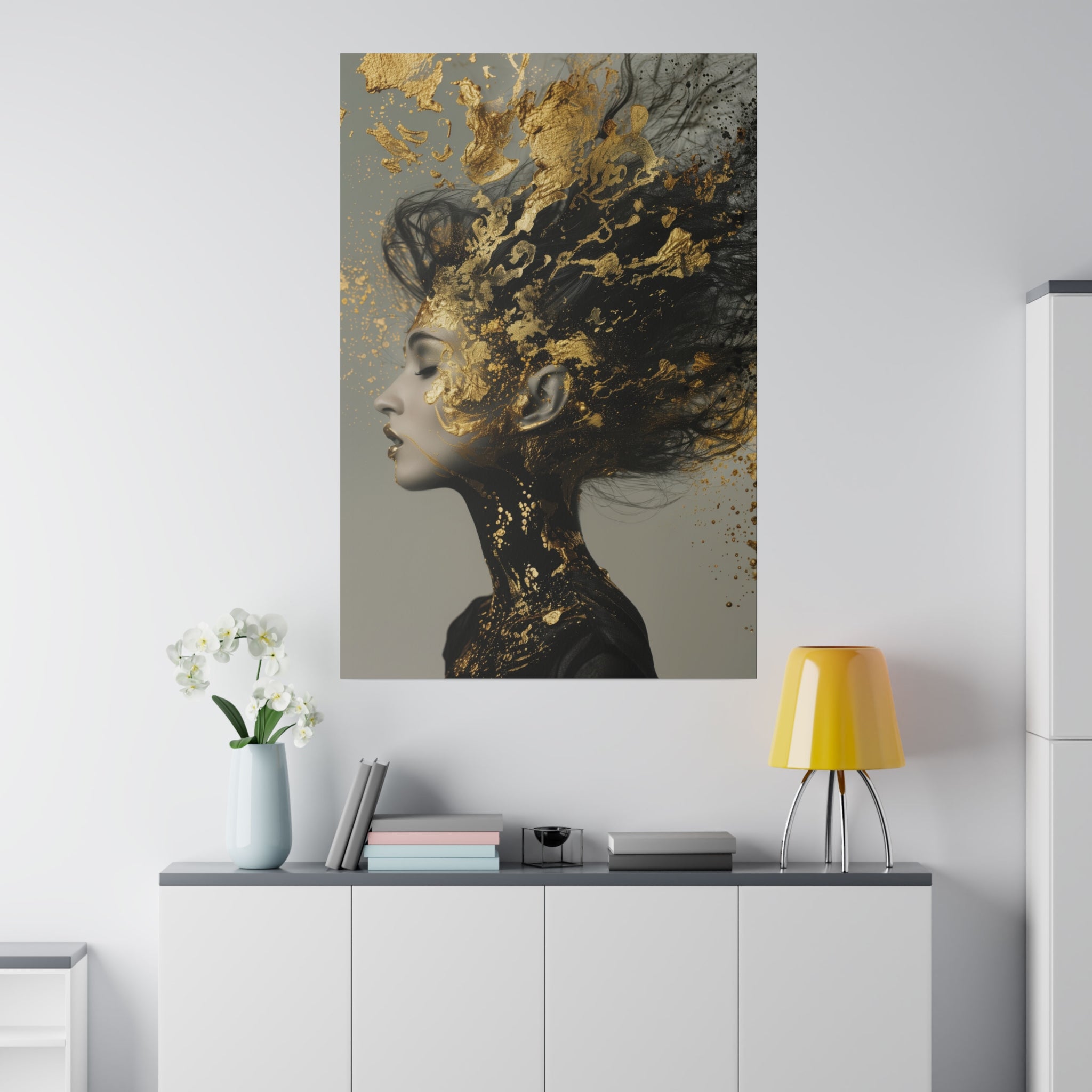 Radiant Muse, Woman Portrait - Luxury Gold Themed Wall Art - Vertical Canvas - WA302