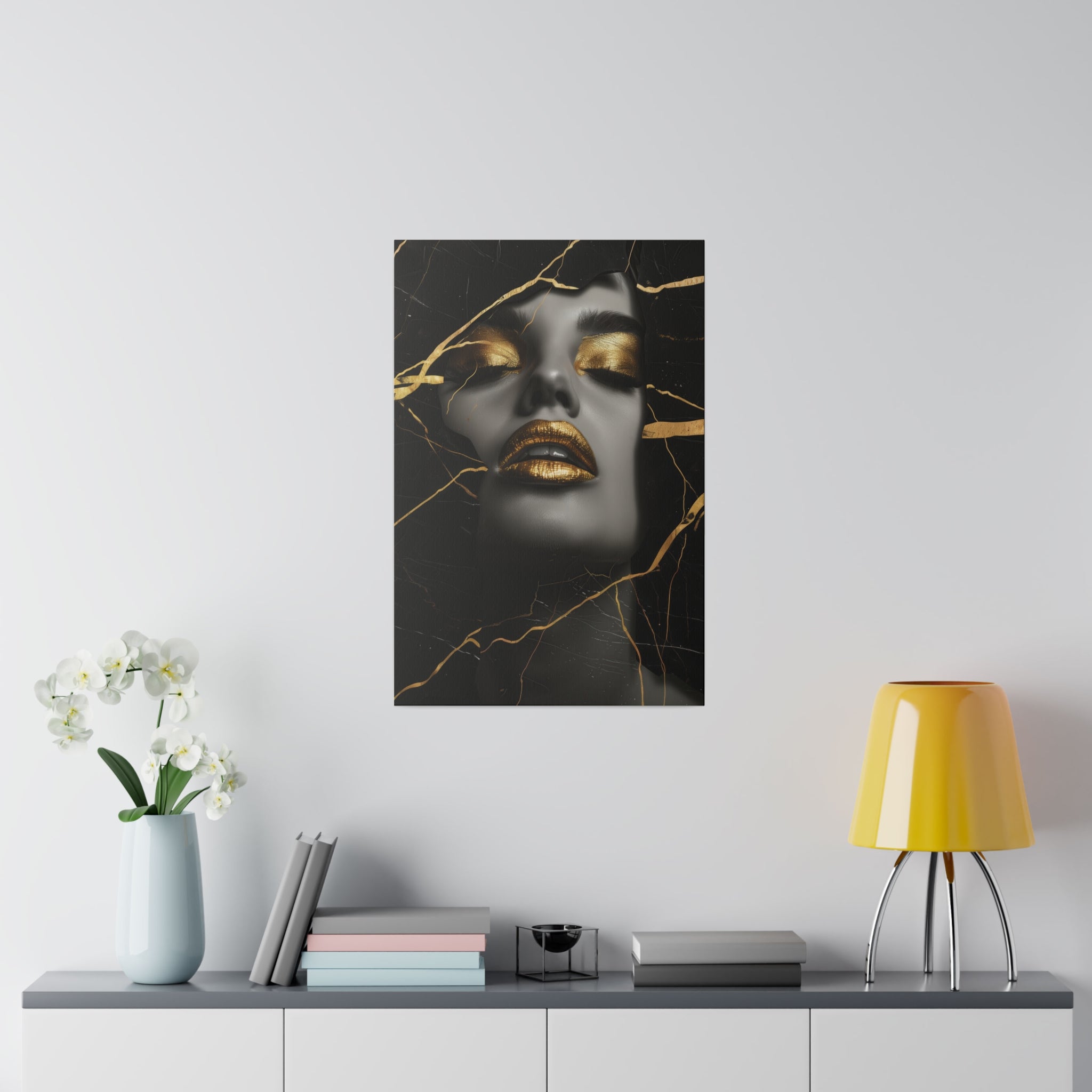 Cracked Elegance, Woman Portrait - Luxury Gold Themed Wall Art - Vertical Canvas - WA306