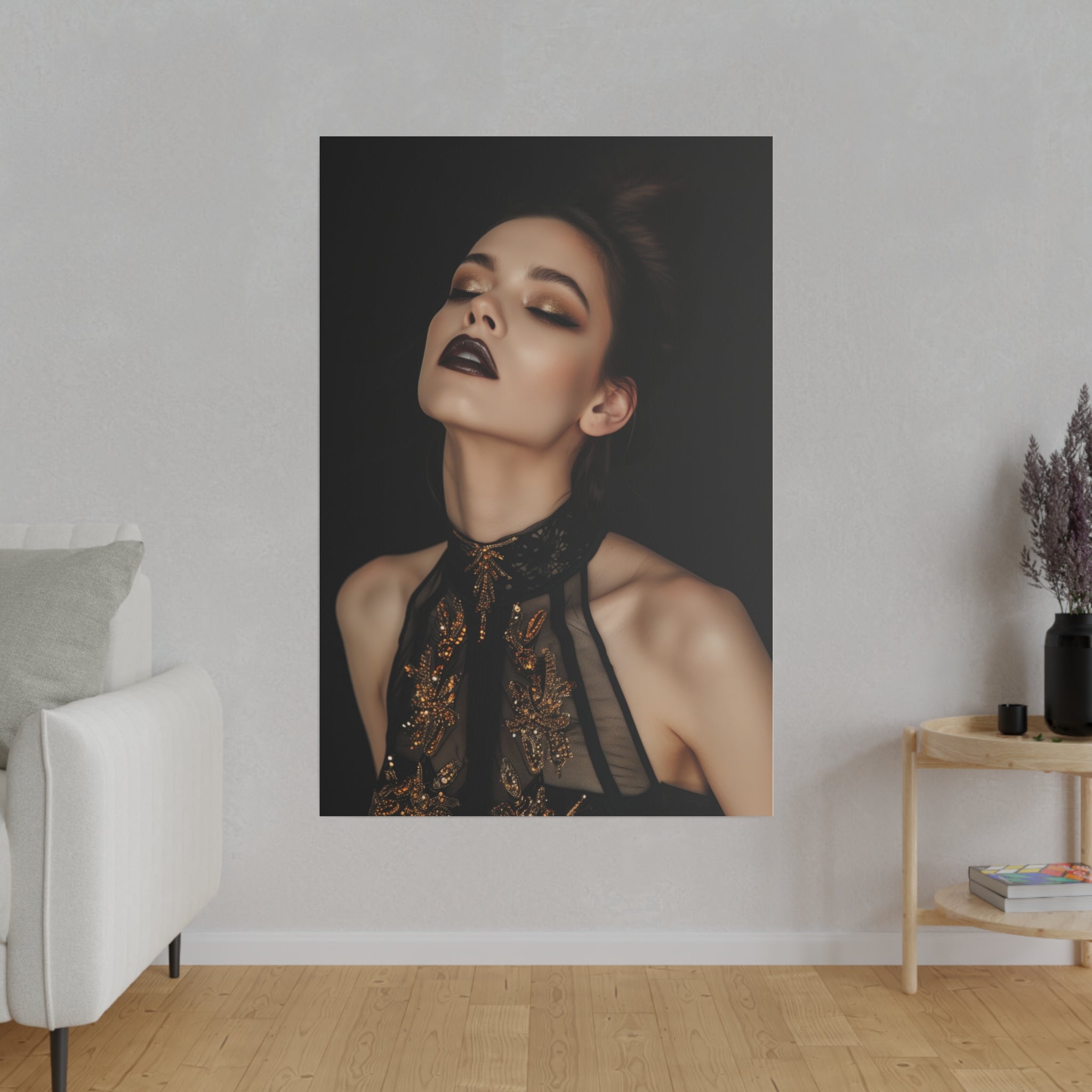 Dark Allure, Woman Portrait - Luxury Gold Themed Wall Art - Vertical Canvas - WA293