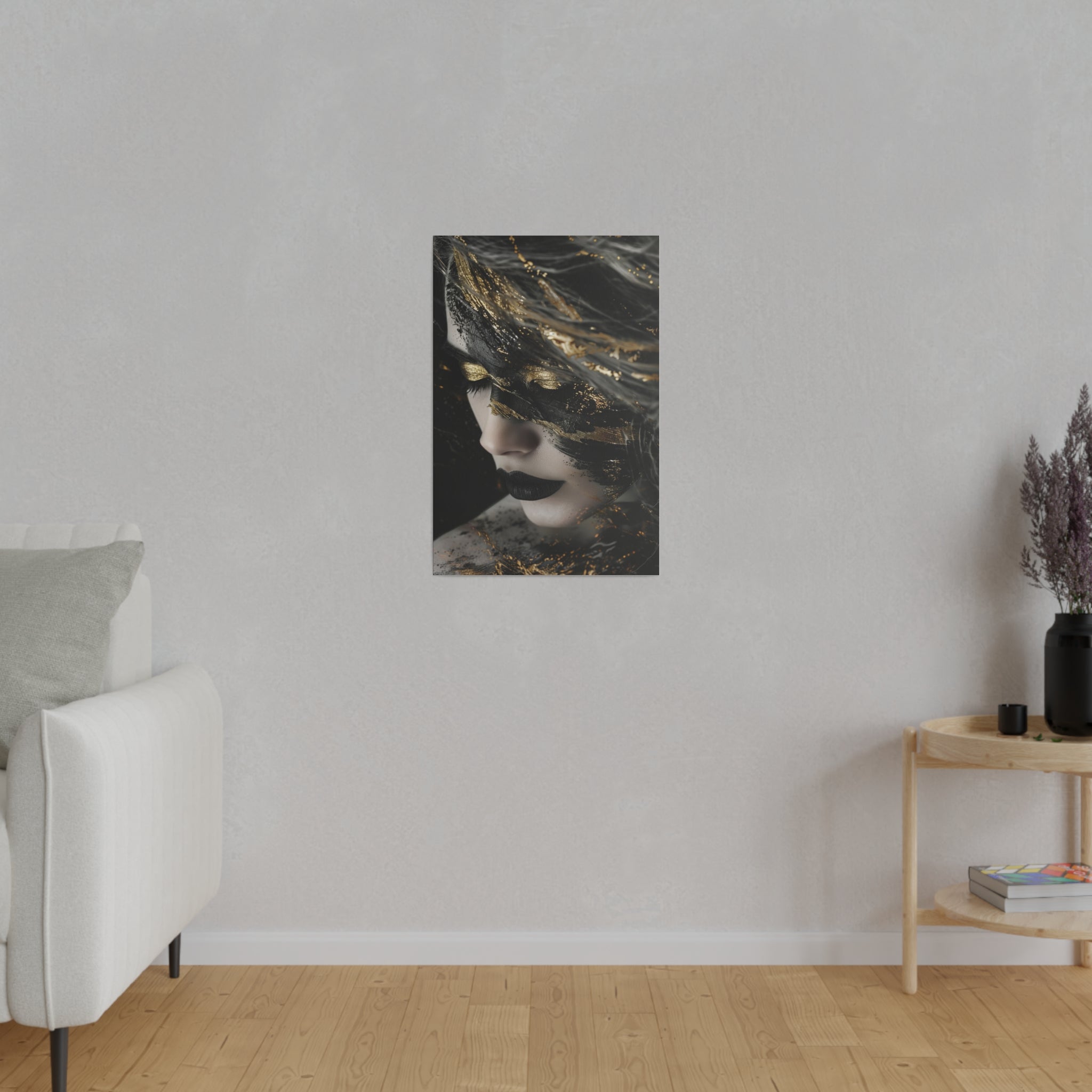 Dark Mystery, Woman Portrait - Luxury Gold Themed Wall Art - Vertical Canvas - WA303