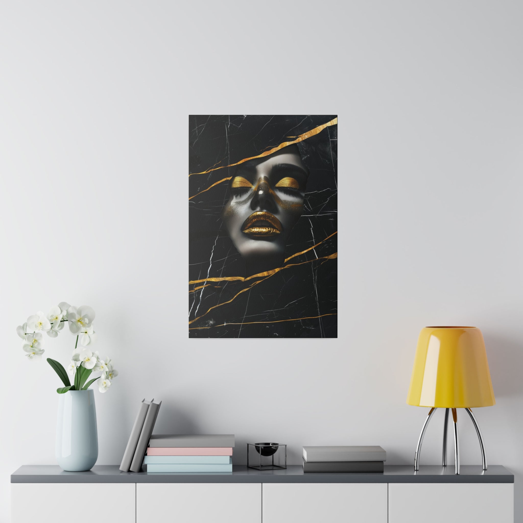 Fragmented Beauty, Woman Portrait - Luxury Gold Themed Wall Art - Vertical Canvas - WA310