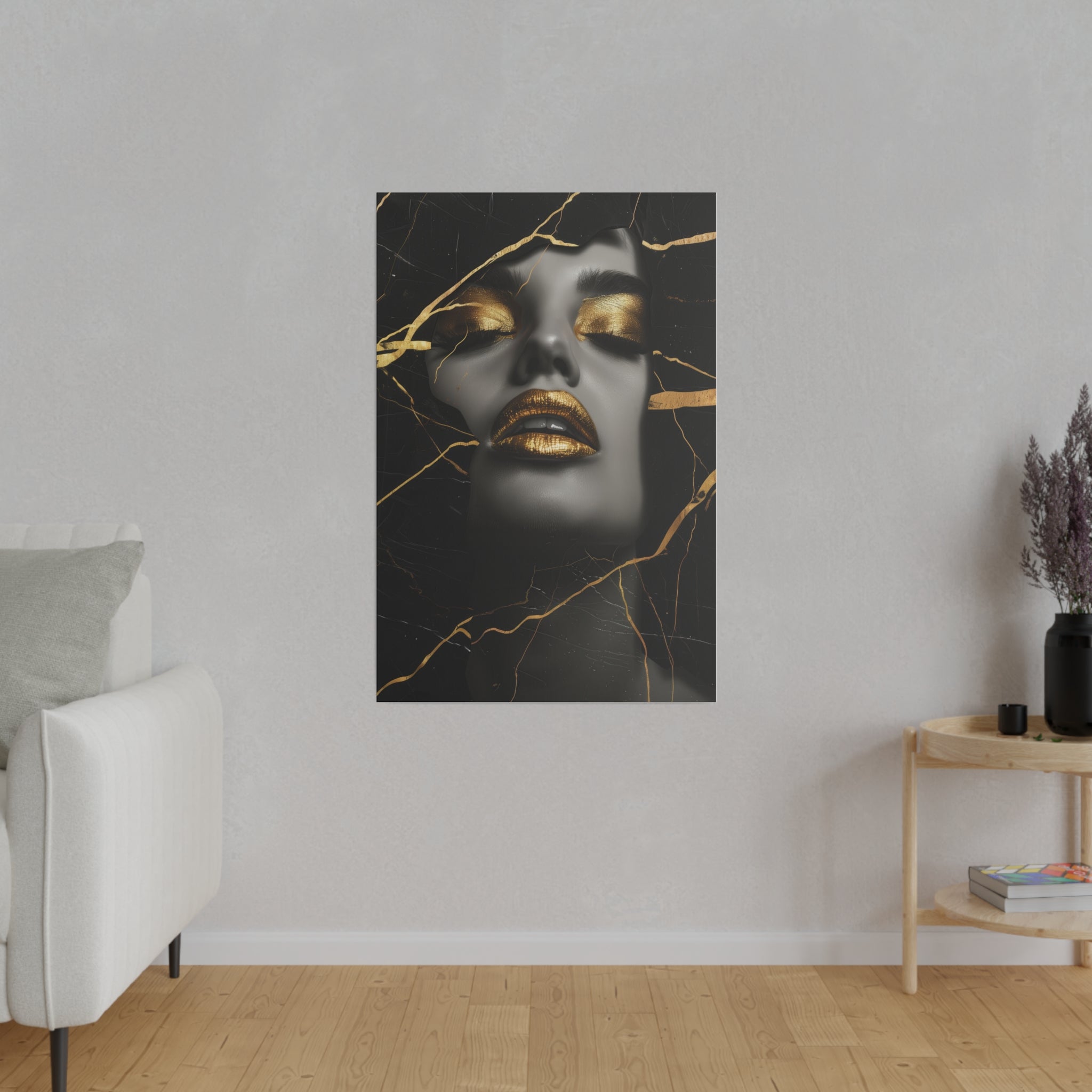 Cracked Elegance, Woman Portrait - Luxury Gold Themed Wall Art - Vertical Canvas - WA306