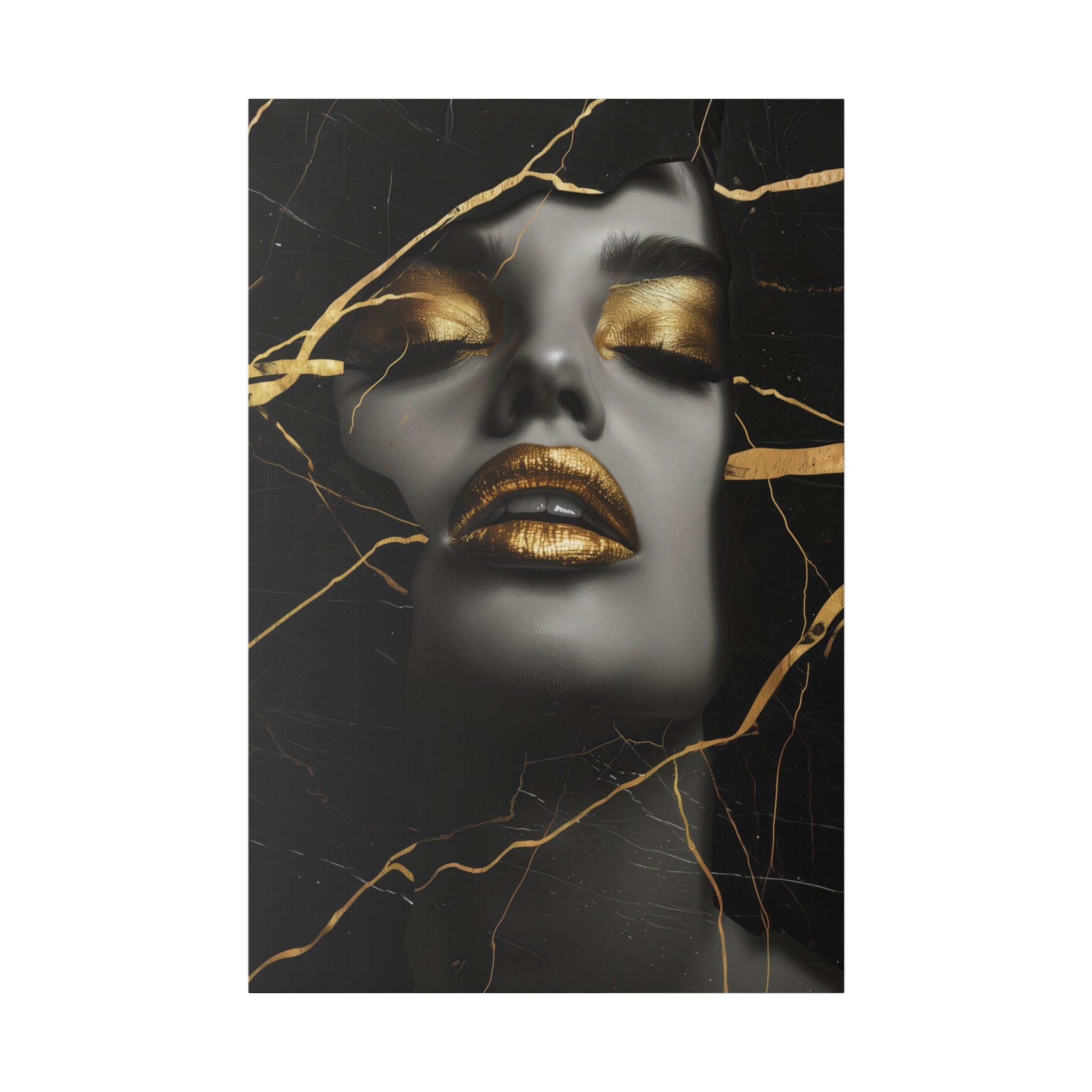 Cracked Elegance, Woman Portrait - Luxury Gold Themed Wall Art - Vertical Canvas - WA306