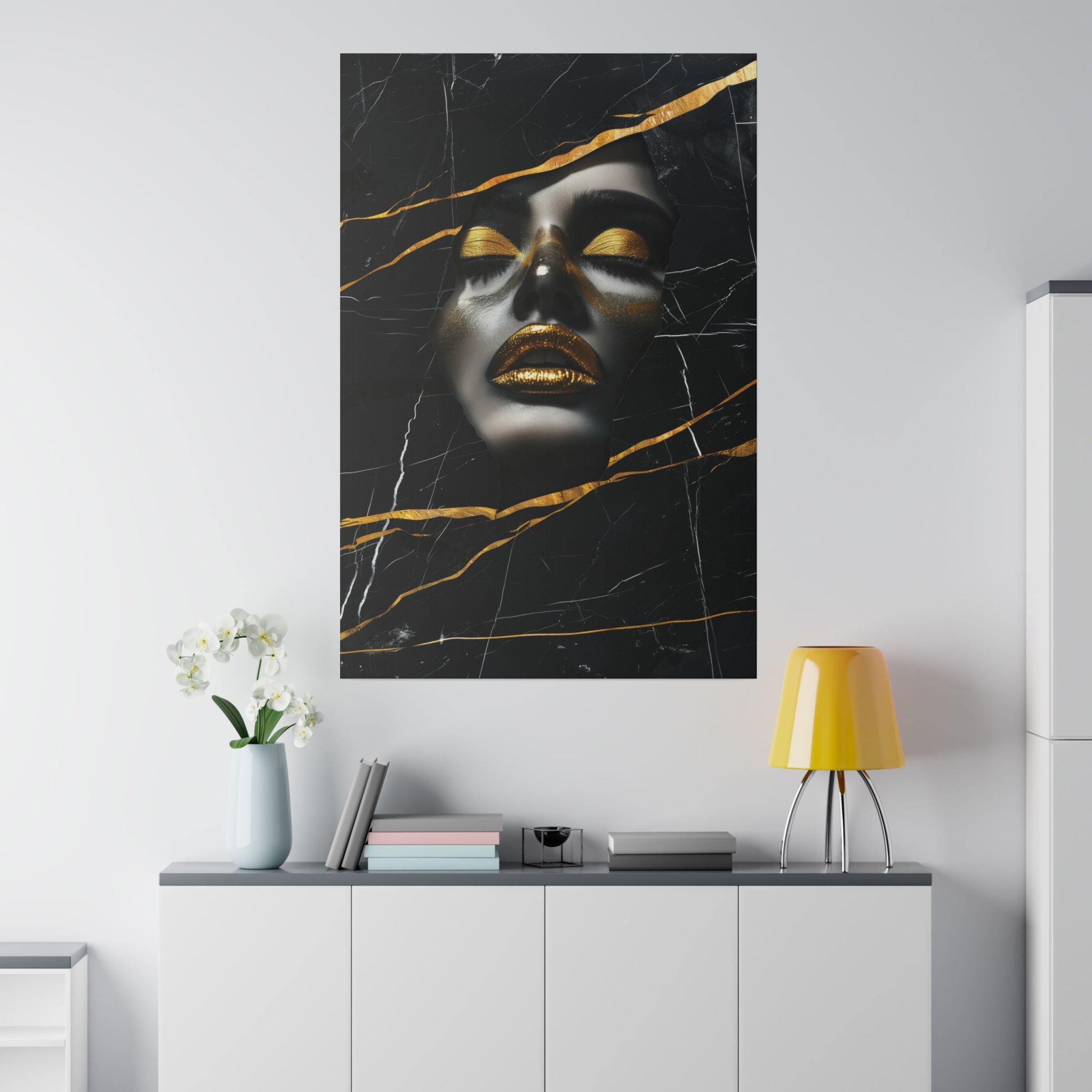 Fragmented Beauty, Woman Portrait - Luxury Gold Themed Wall Art - Vertical Canvas - WA310