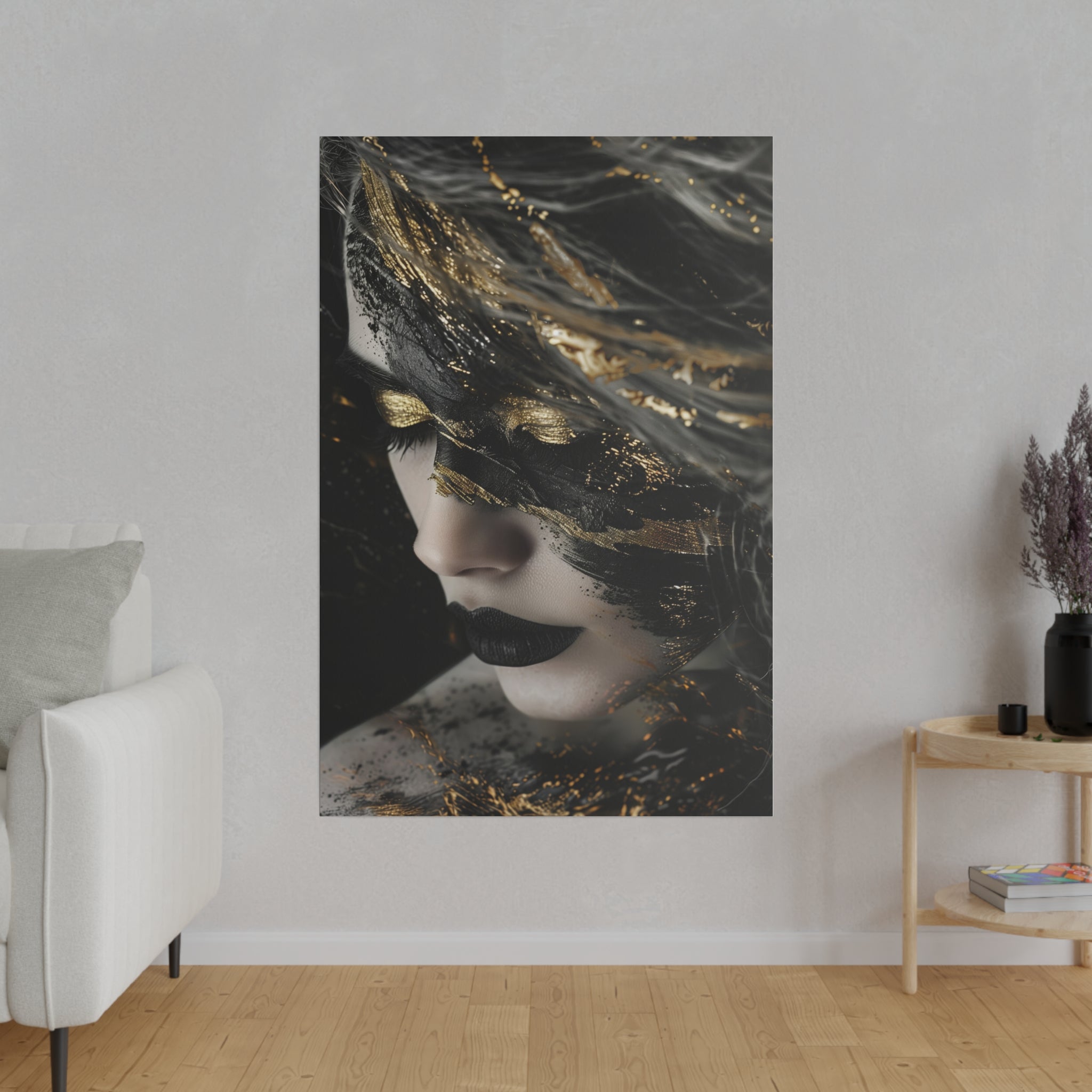 Dark Mystery, Woman Portrait - Luxury Gold Themed Wall Art - Vertical Canvas - WA303