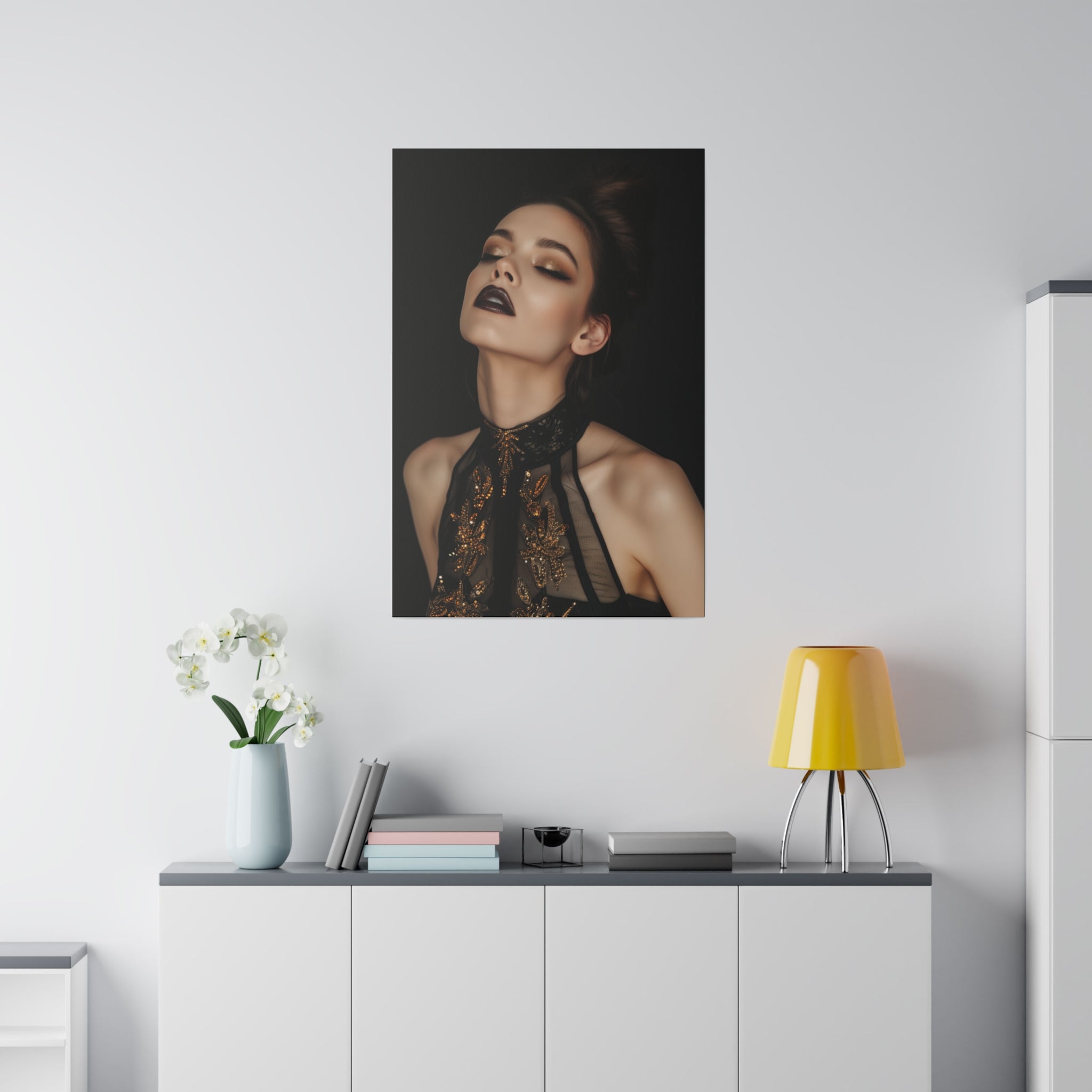 Dark Allure, Woman Portrait - Luxury Gold Themed Wall Art - Vertical Canvas - WA293