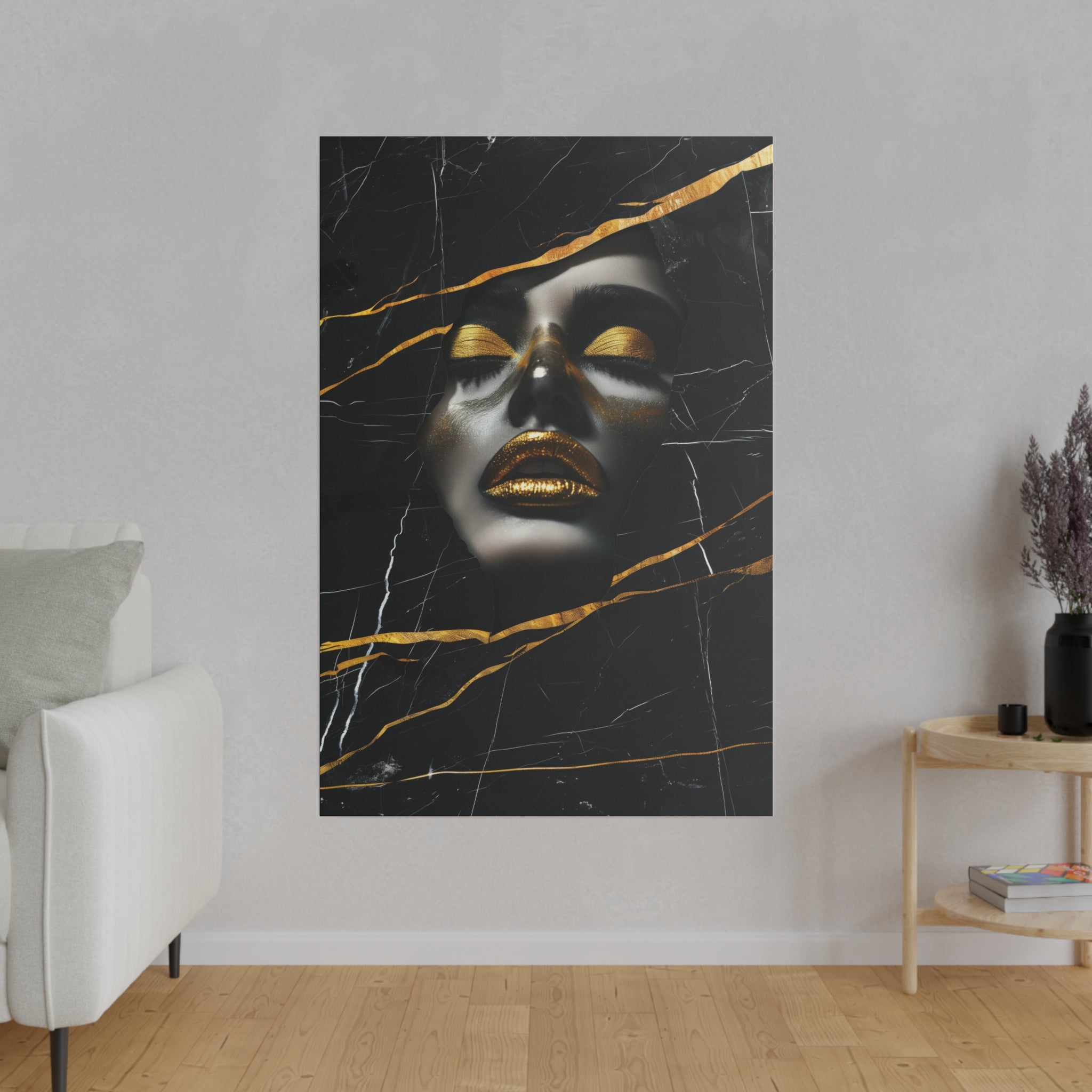 Fragmented Beauty, Woman Portrait - Luxury Gold Themed Wall Art - Vertical Canvas - WA310