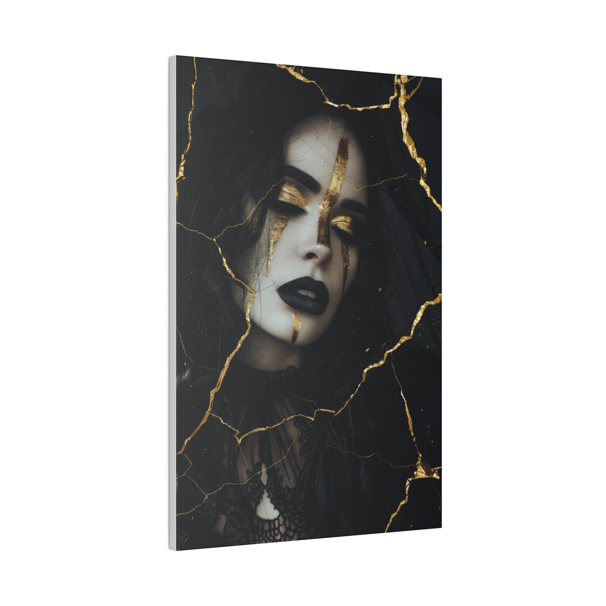 Dark Elegance, Goth Woman Portrait - Luxury Gold Themed Wall Art - Vertical Canvas - WA295