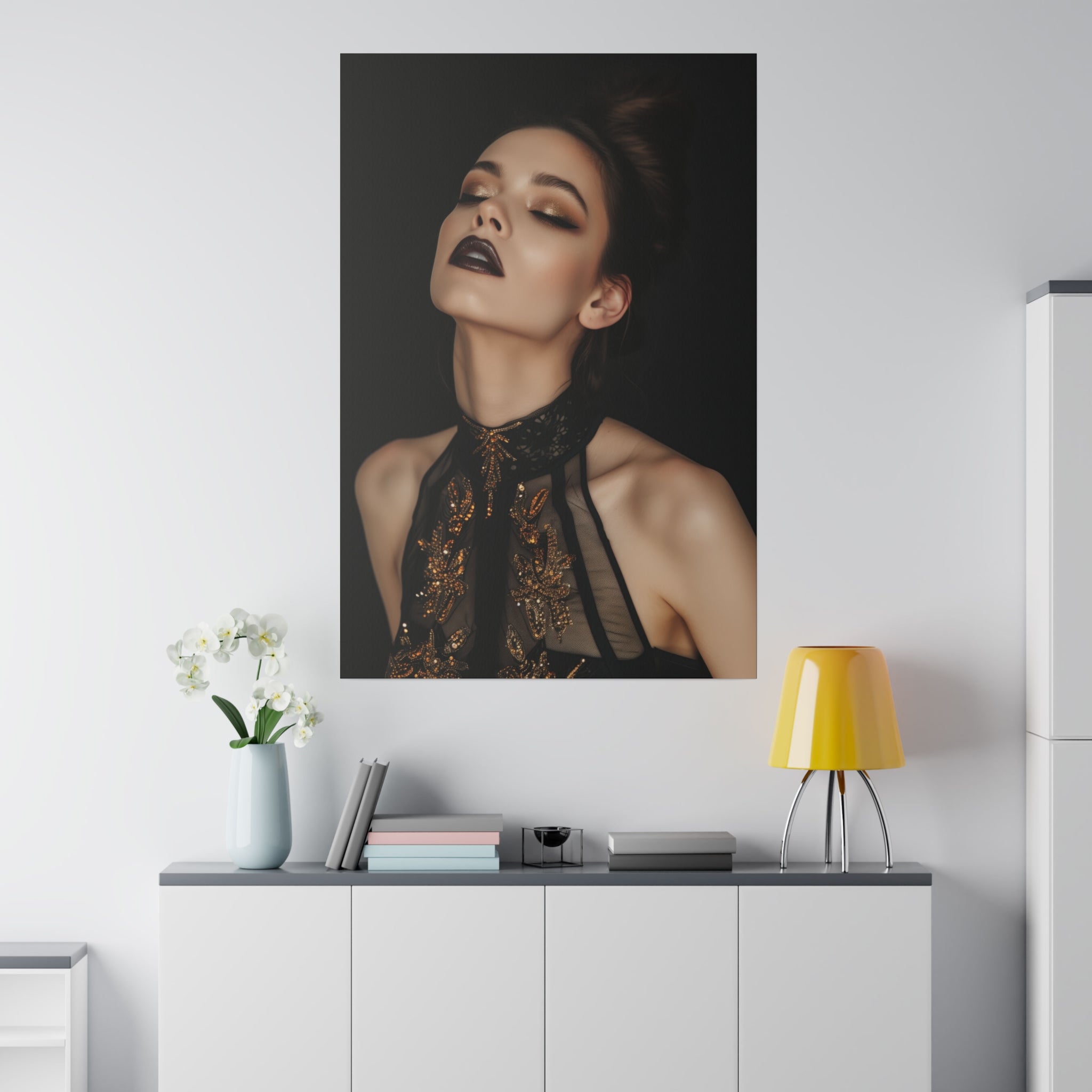 Dark Allure, Woman Portrait - Luxury Gold Themed Wall Art - Vertical Canvas - WA293