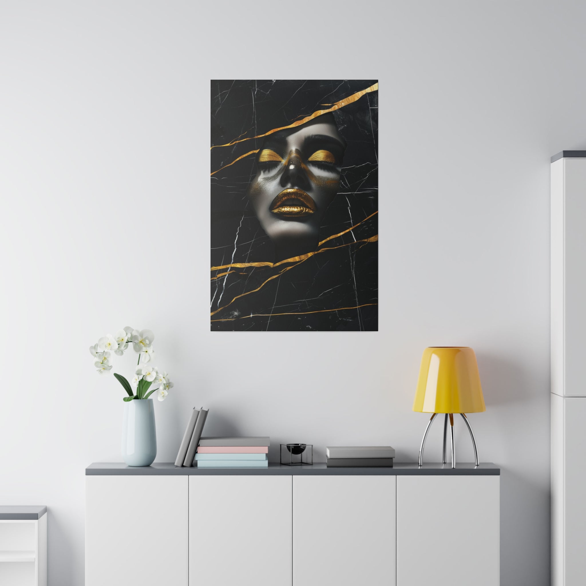 Fragmented Beauty, Woman Portrait - Luxury Gold Themed Wall Art - Vertical Canvas - WA310