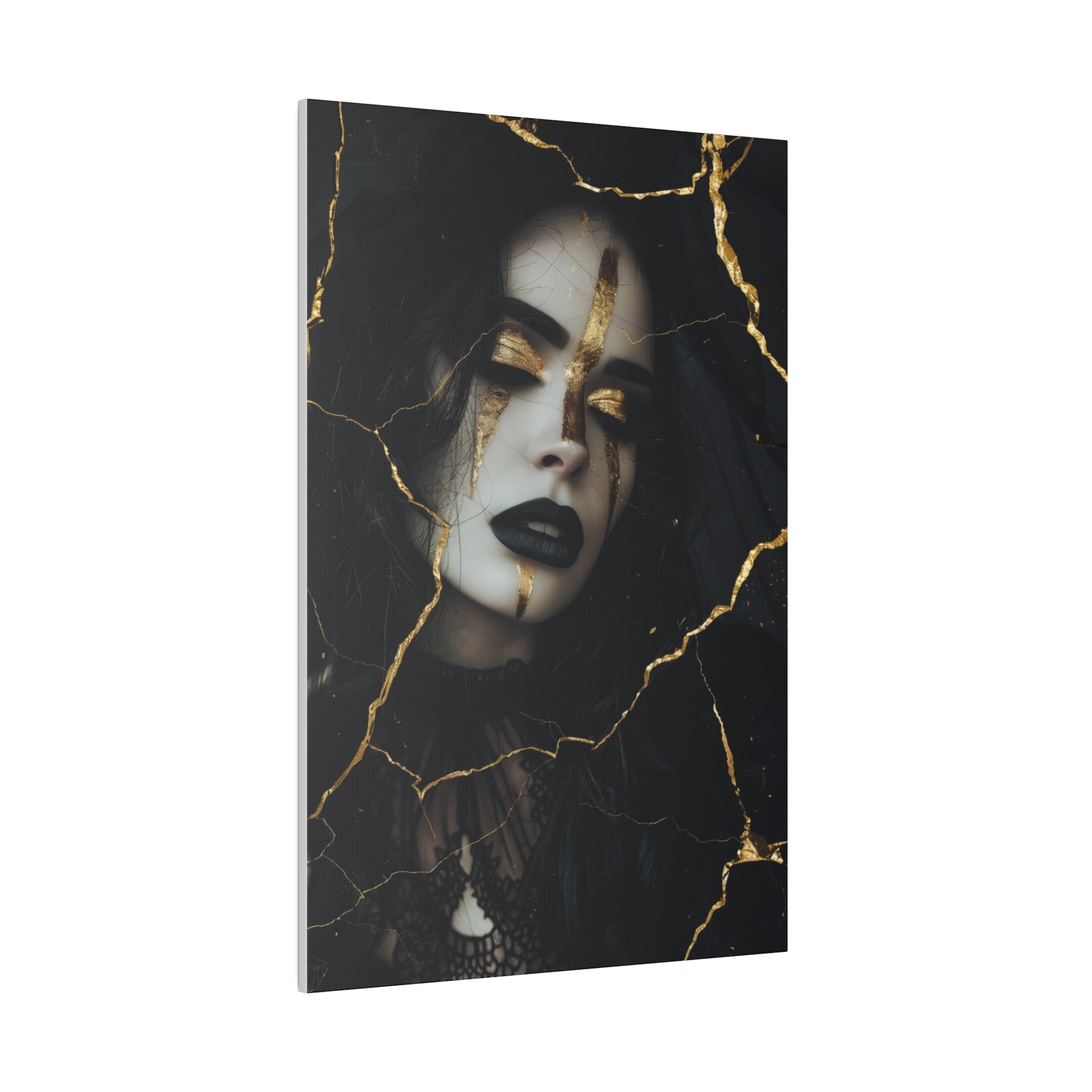 Dark Elegance, Goth Woman Portrait - Luxury Gold Themed Wall Art - Vertical Canvas - WA295