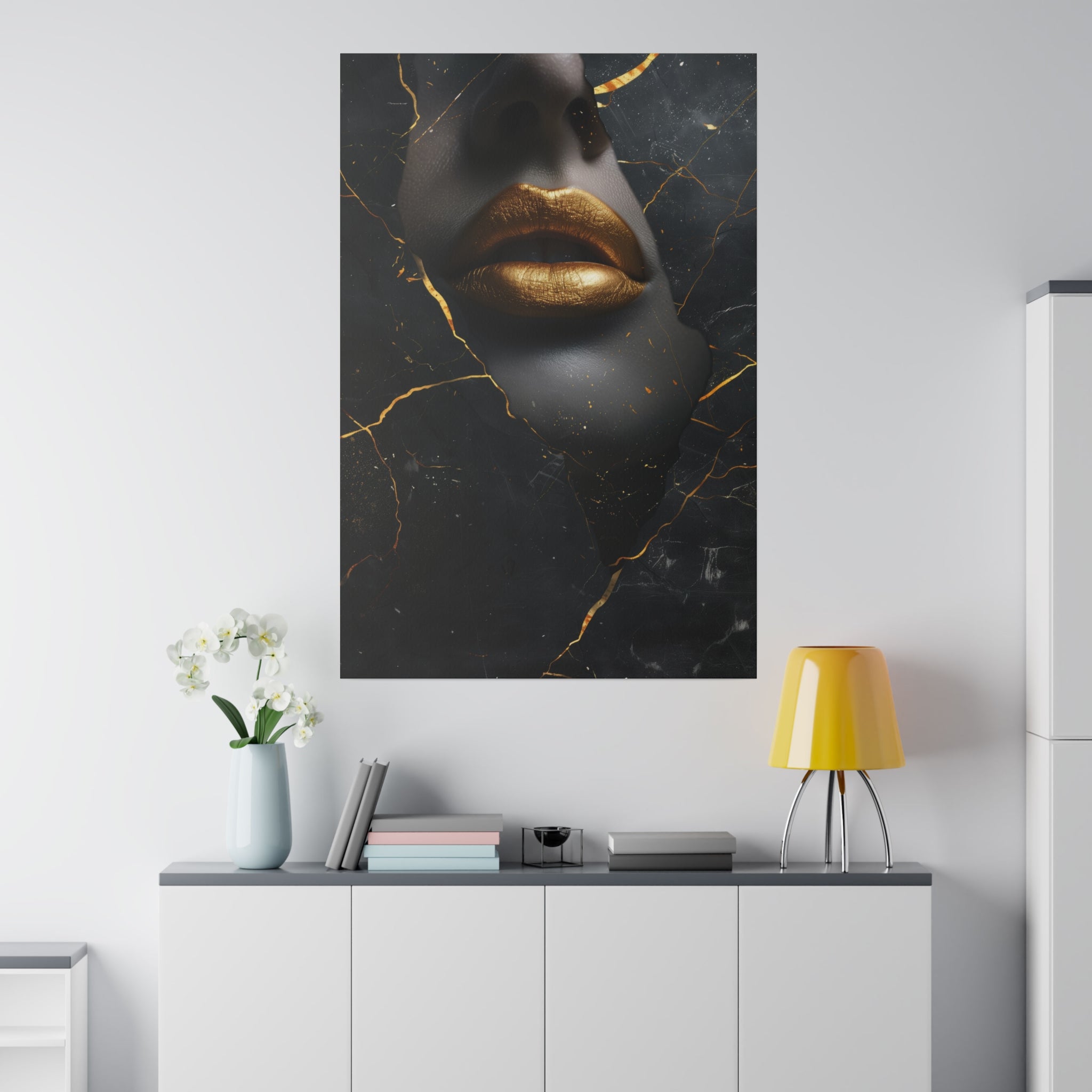 Lips of Gold, Woman Portrait - Luxury Gold Themed Wall Art - Vertical Canvas - WA309