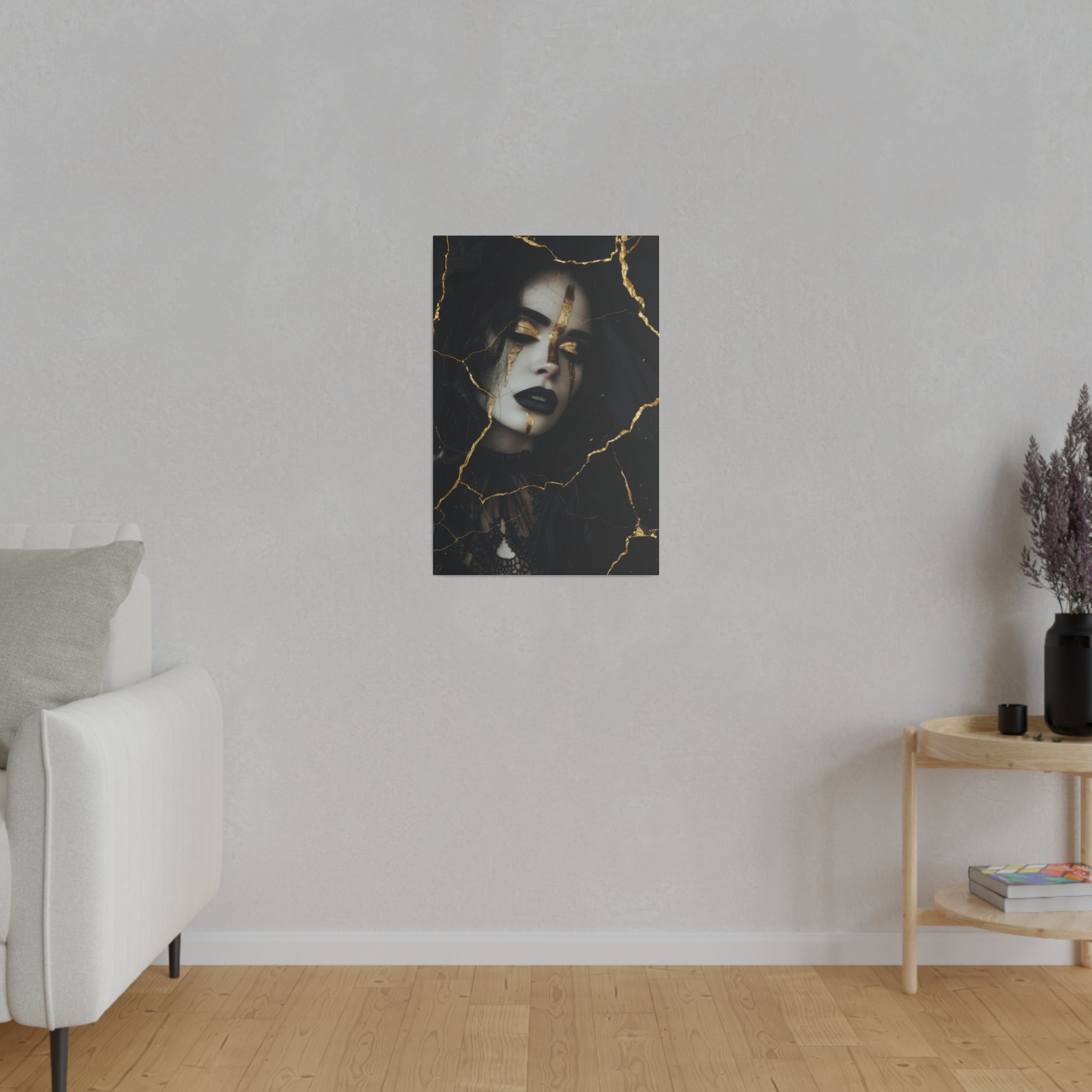 Dark Elegance, Goth Woman Portrait - Luxury Gold Themed Wall Art - Vertical Canvas - WA295