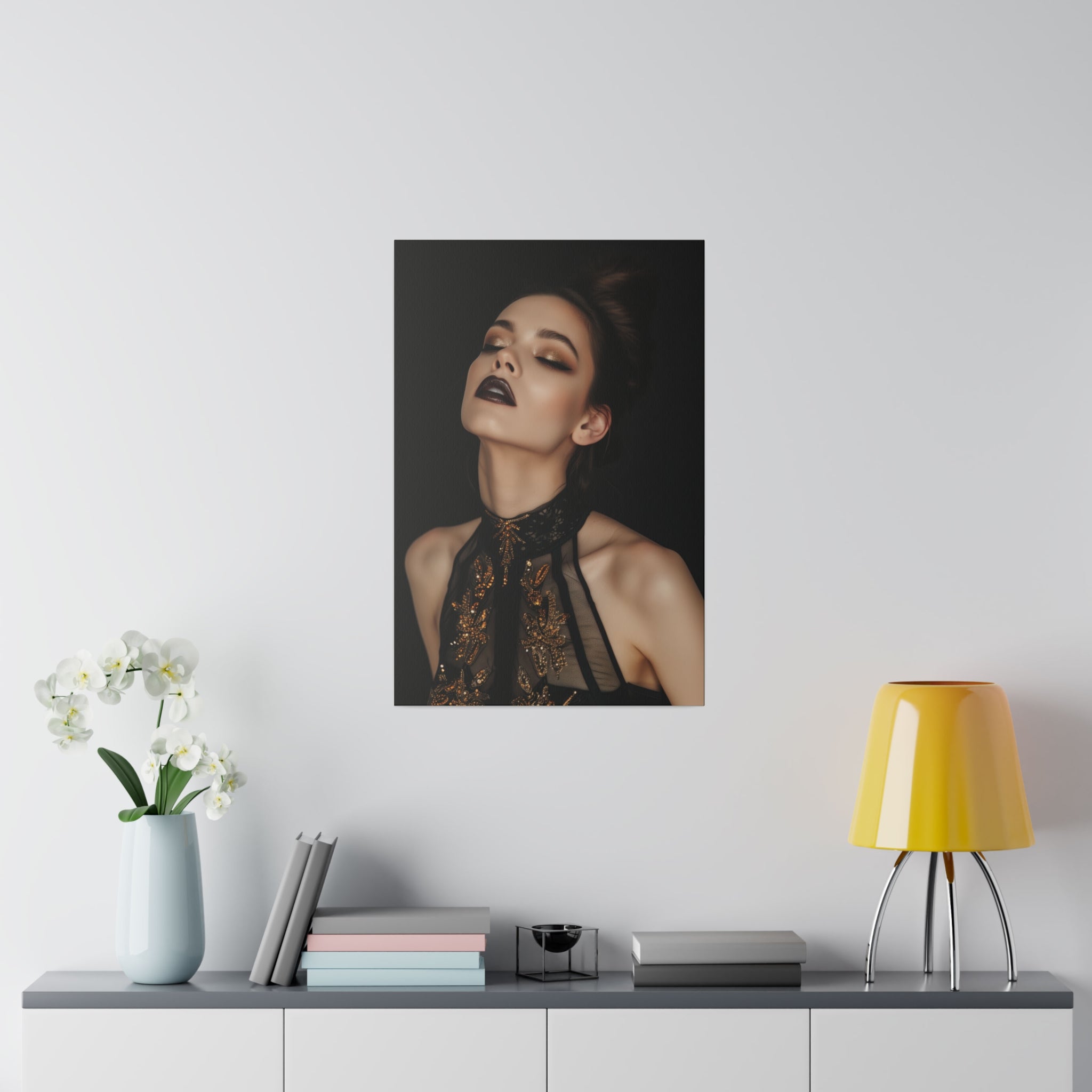 Dark Allure, Woman Portrait - Luxury Gold Themed Wall Art - Vertical Canvas - WA293