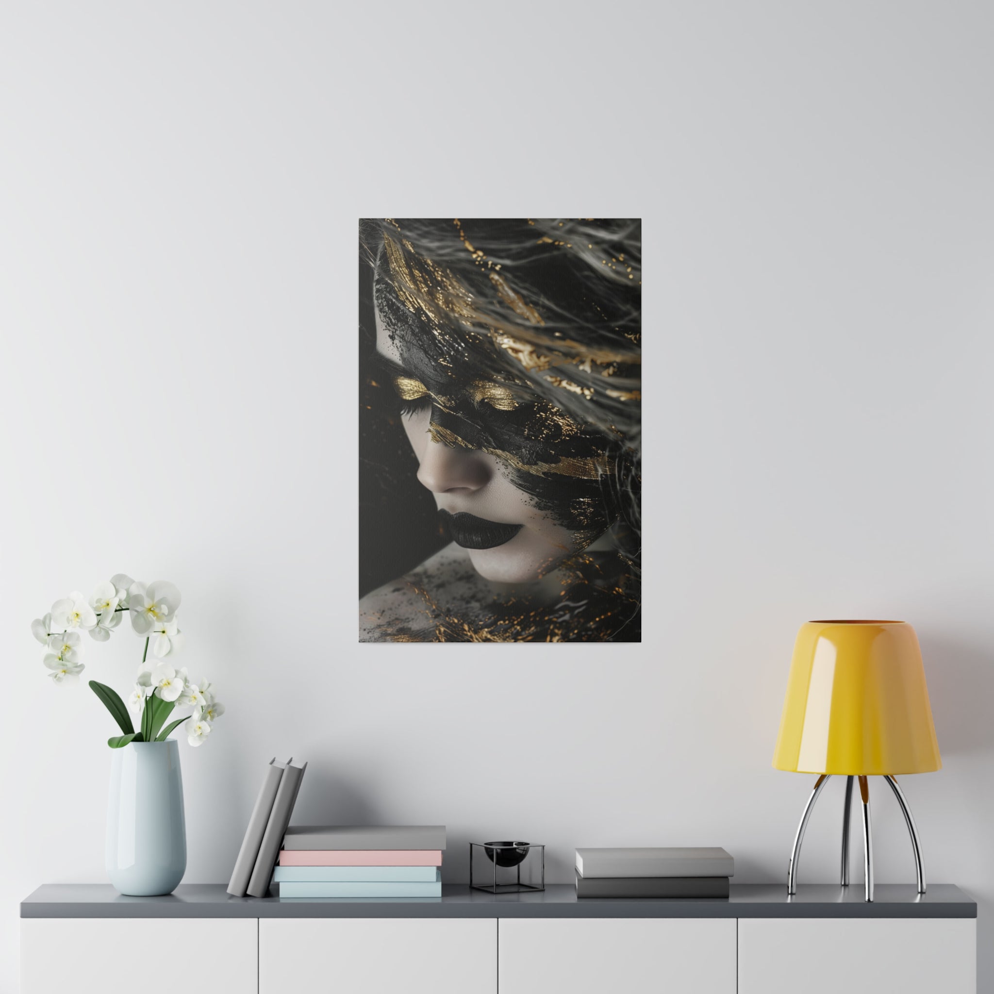 Dark Mystery, Woman Portrait - Luxury Gold Themed Wall Art - Vertical Canvas - WA303