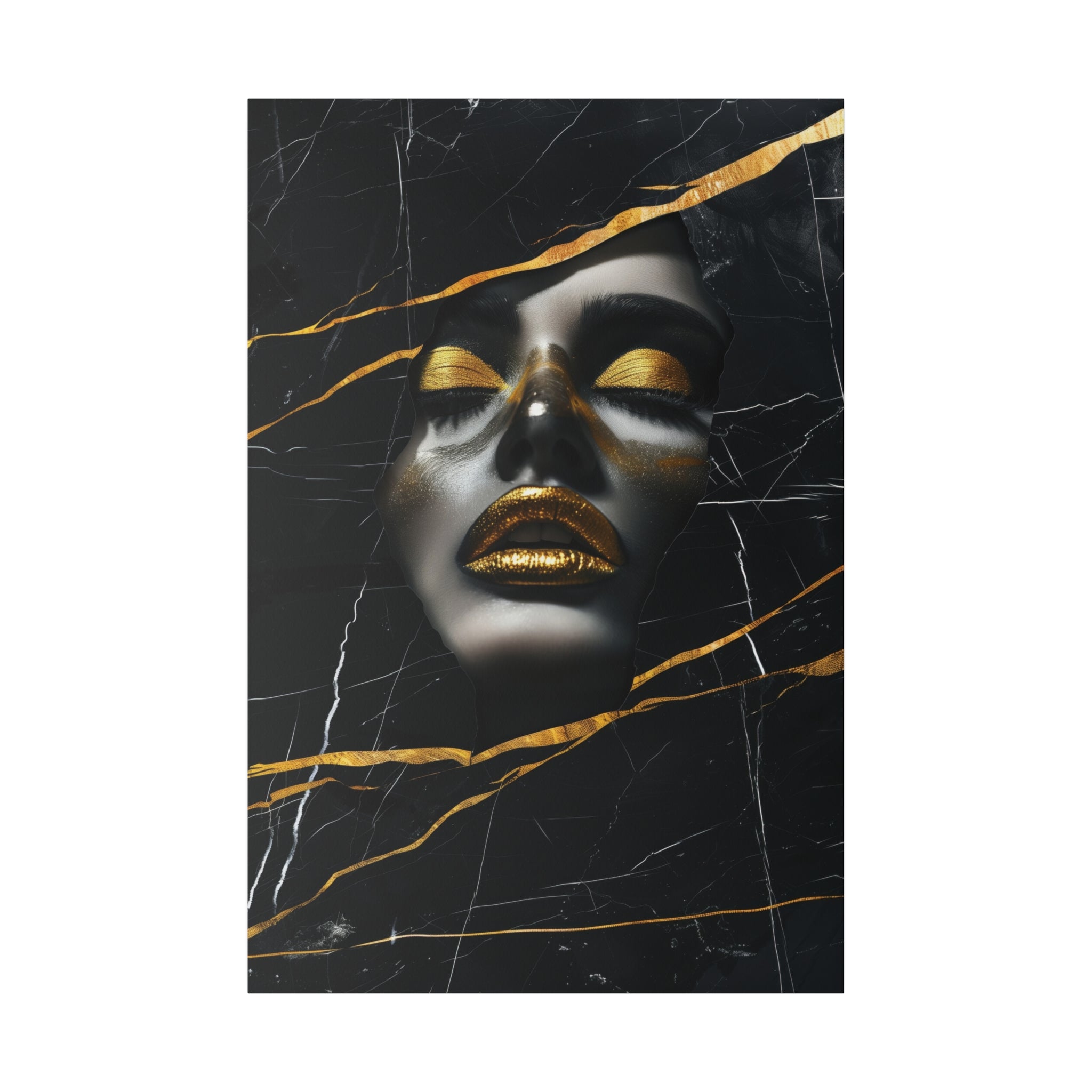 Fragmented Beauty, Woman Portrait - Luxury Gold Themed Wall Art - Vertical Canvas - WA310