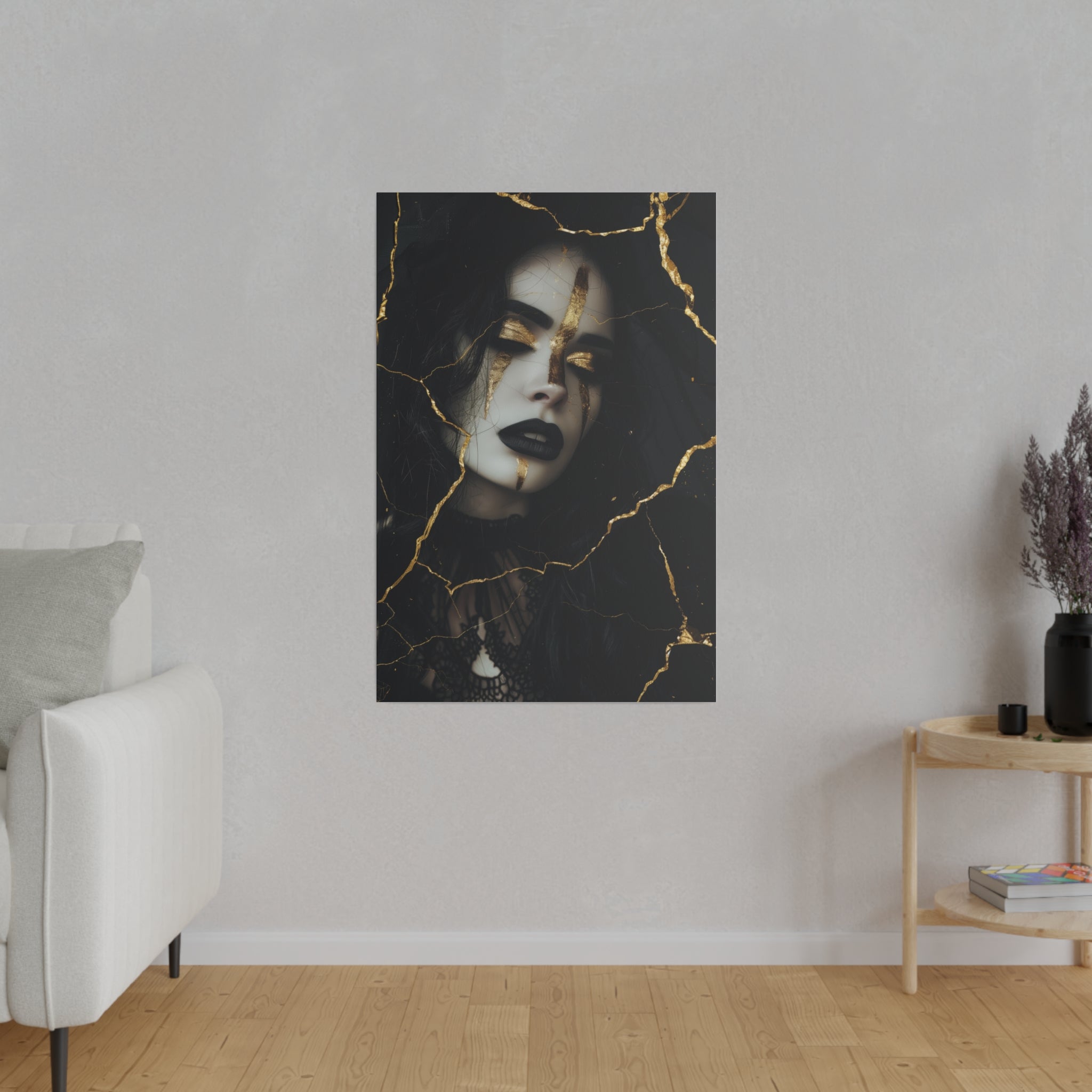 Dark Elegance, Goth Woman Portrait - Luxury Gold Themed Wall Art - Vertical Canvas - WA295