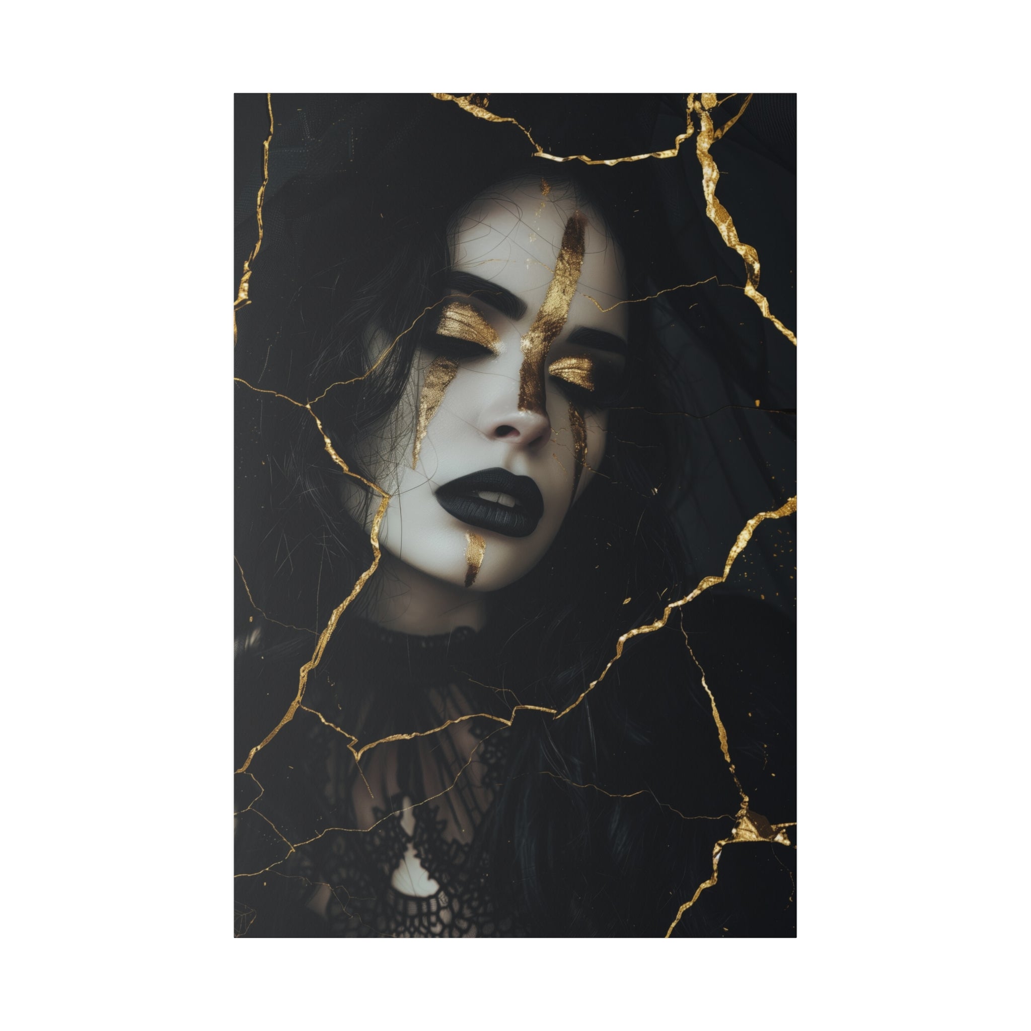 Dark Elegance, Goth Woman Portrait - Luxury Gold Themed Wall Art - Vertical Canvas - WA295