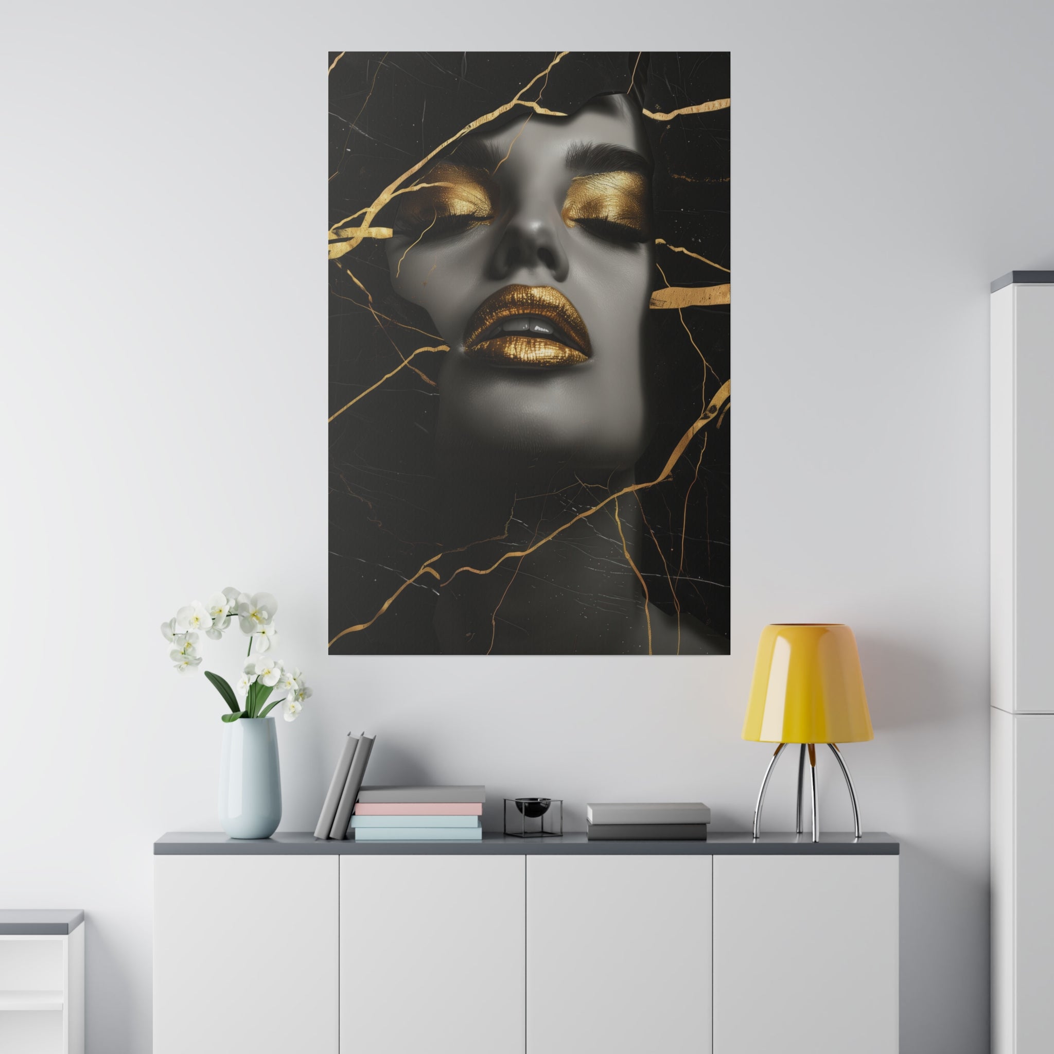 Cracked Elegance, Woman Portrait - Luxury Gold Themed Wall Art - Vertical Canvas - WA306