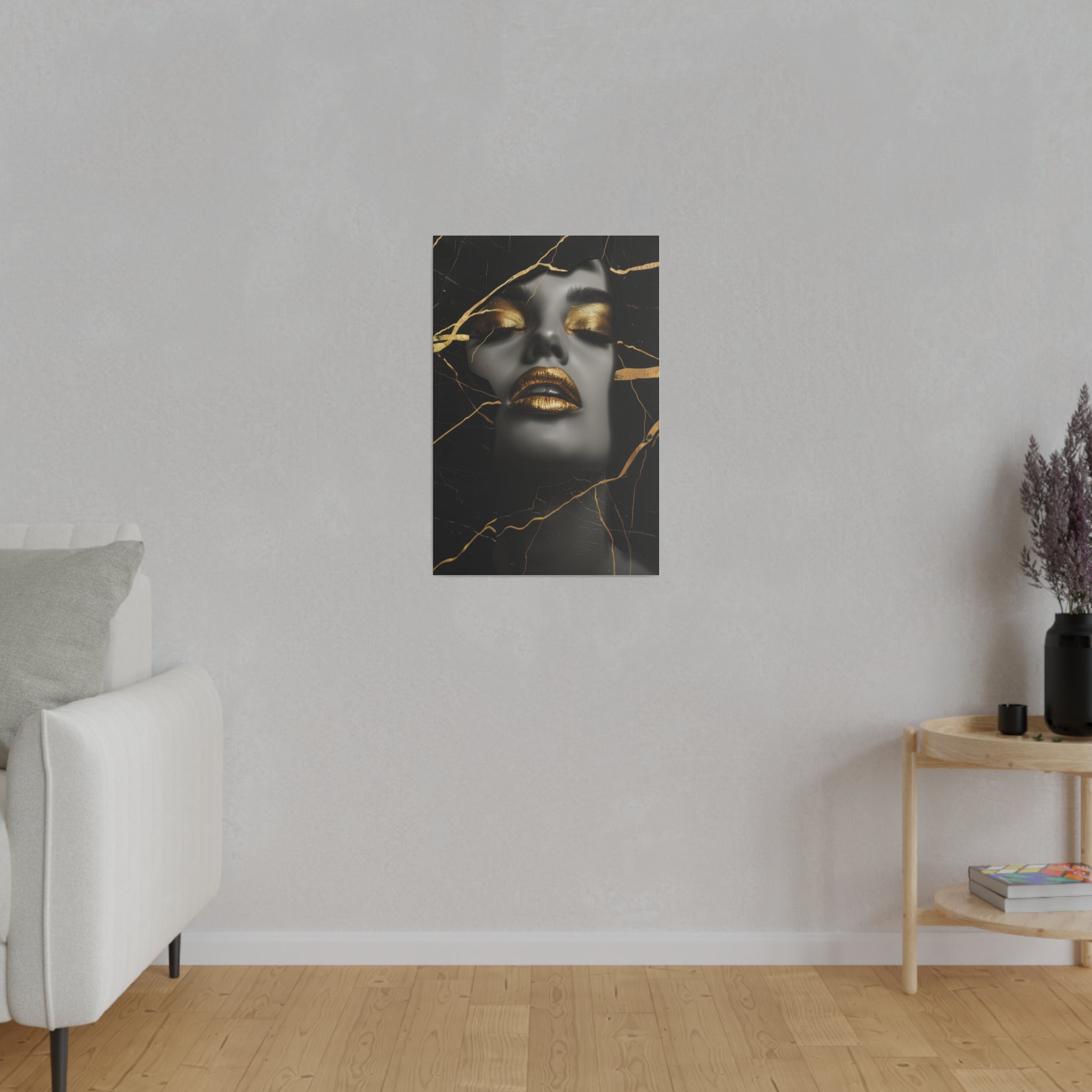 Cracked Elegance, Woman Portrait - Luxury Gold Themed Wall Art - Vertical Canvas - WA306