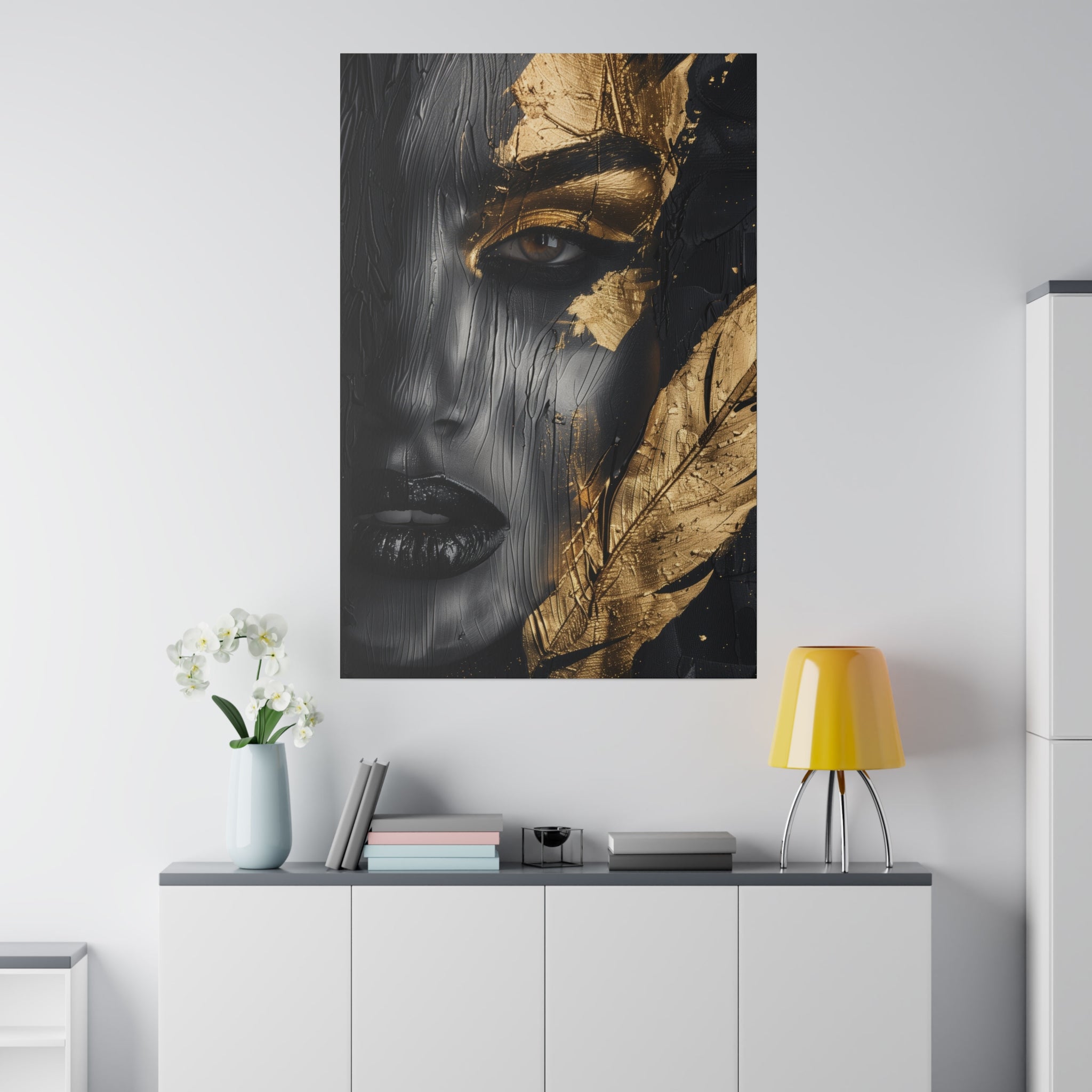 Painted Beauty, Woman Portrait - Luxury Gold Themed Wall Art - Vertical Canvas - WA296