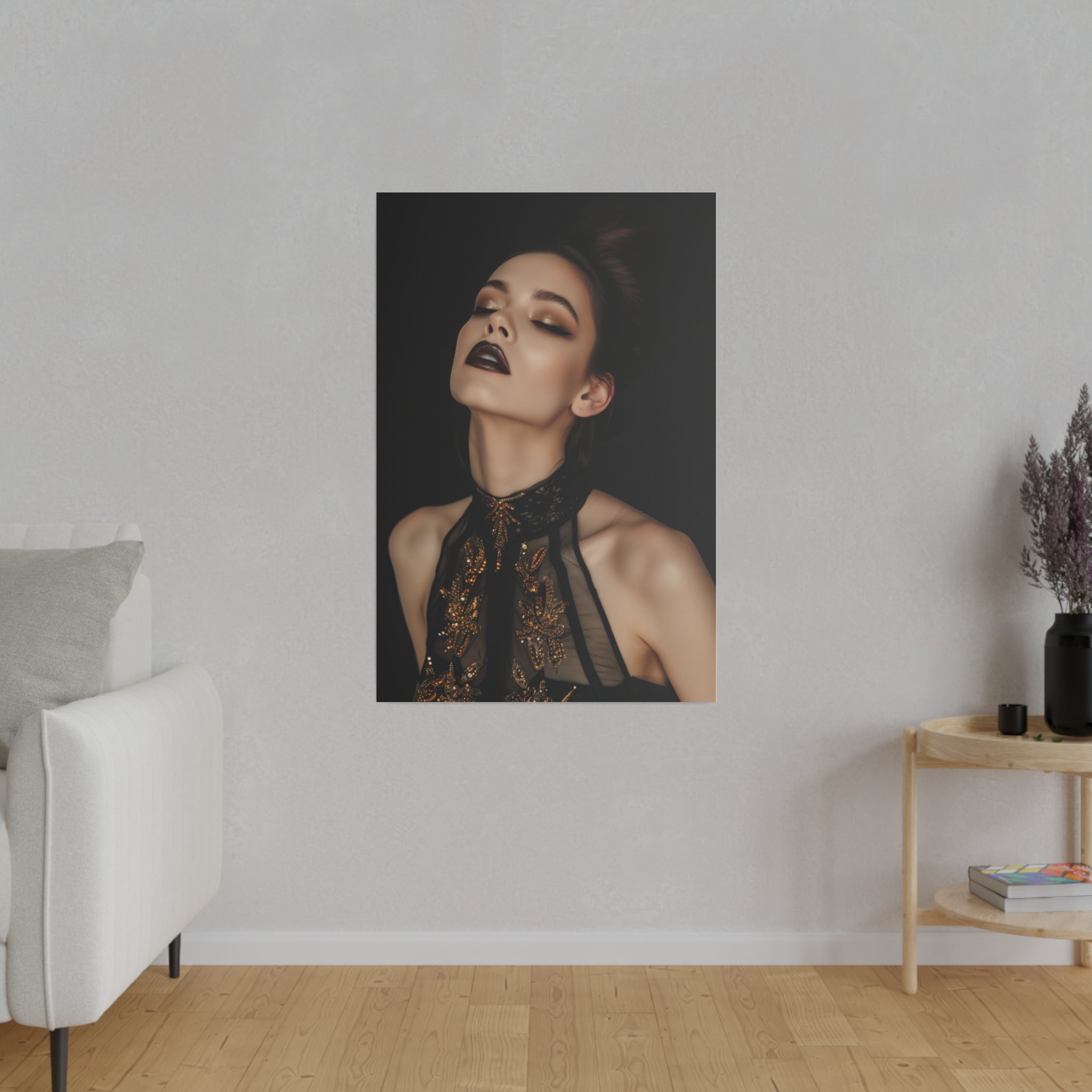 Dark Allure, Woman Portrait - Luxury Gold Themed Wall Art - Vertical Canvas - WA293