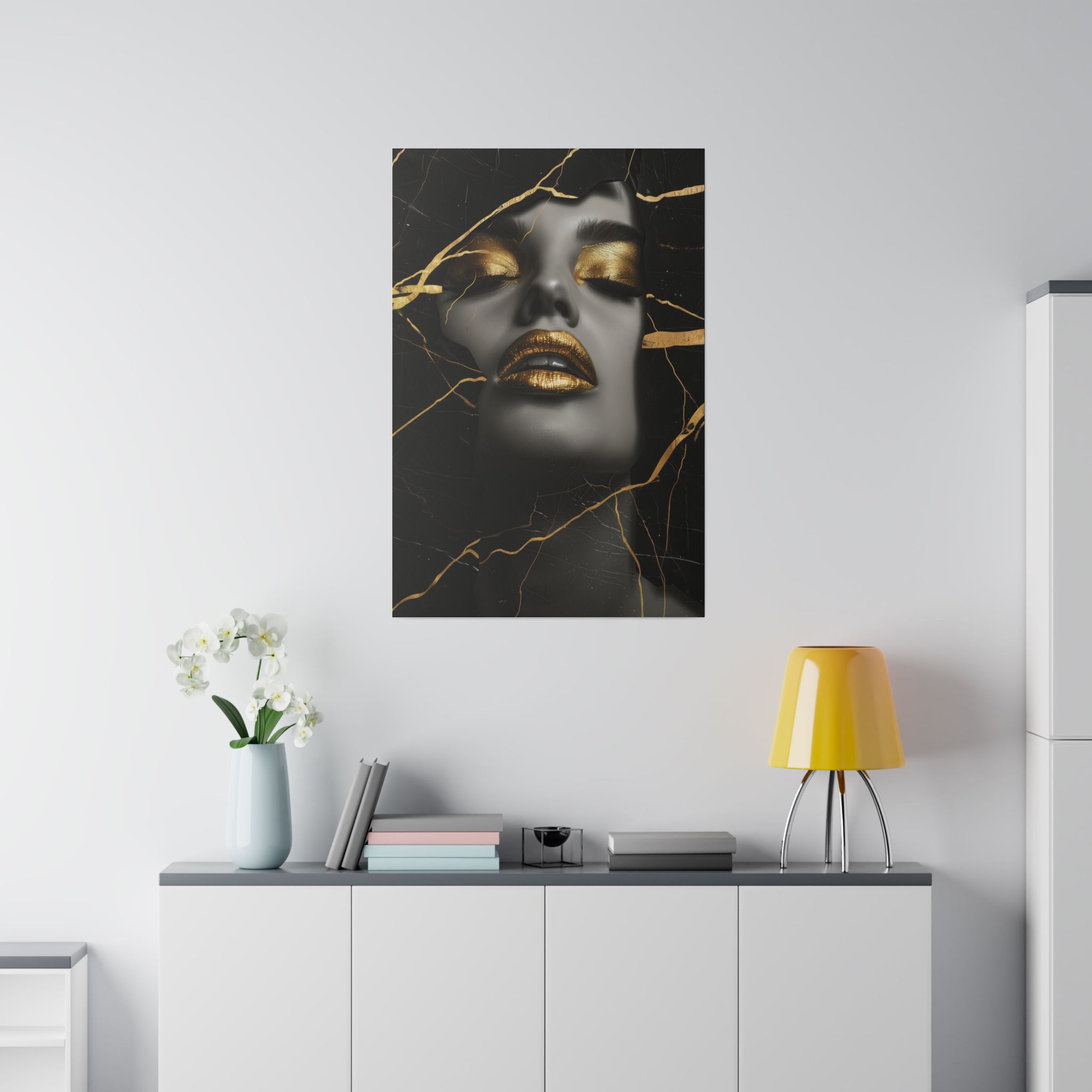 Cracked Elegance, Woman Portrait - Luxury Gold Themed Wall Art - Vertical Canvas - WA306